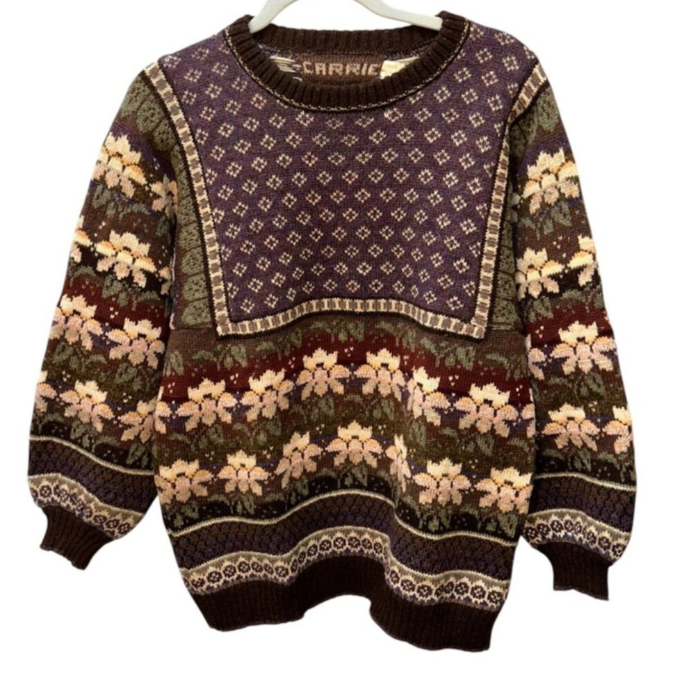 Carrie made WALES VIntage 90s wool brown cream floral Fair Isle Sweater L